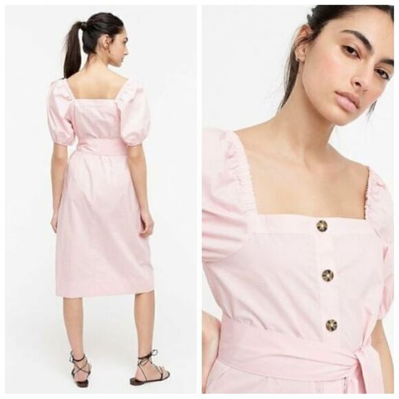 J.Crew Cottage Pink Puff Sleeves Midi Button Up Belted Dress Size XS - Picture 2 of 12